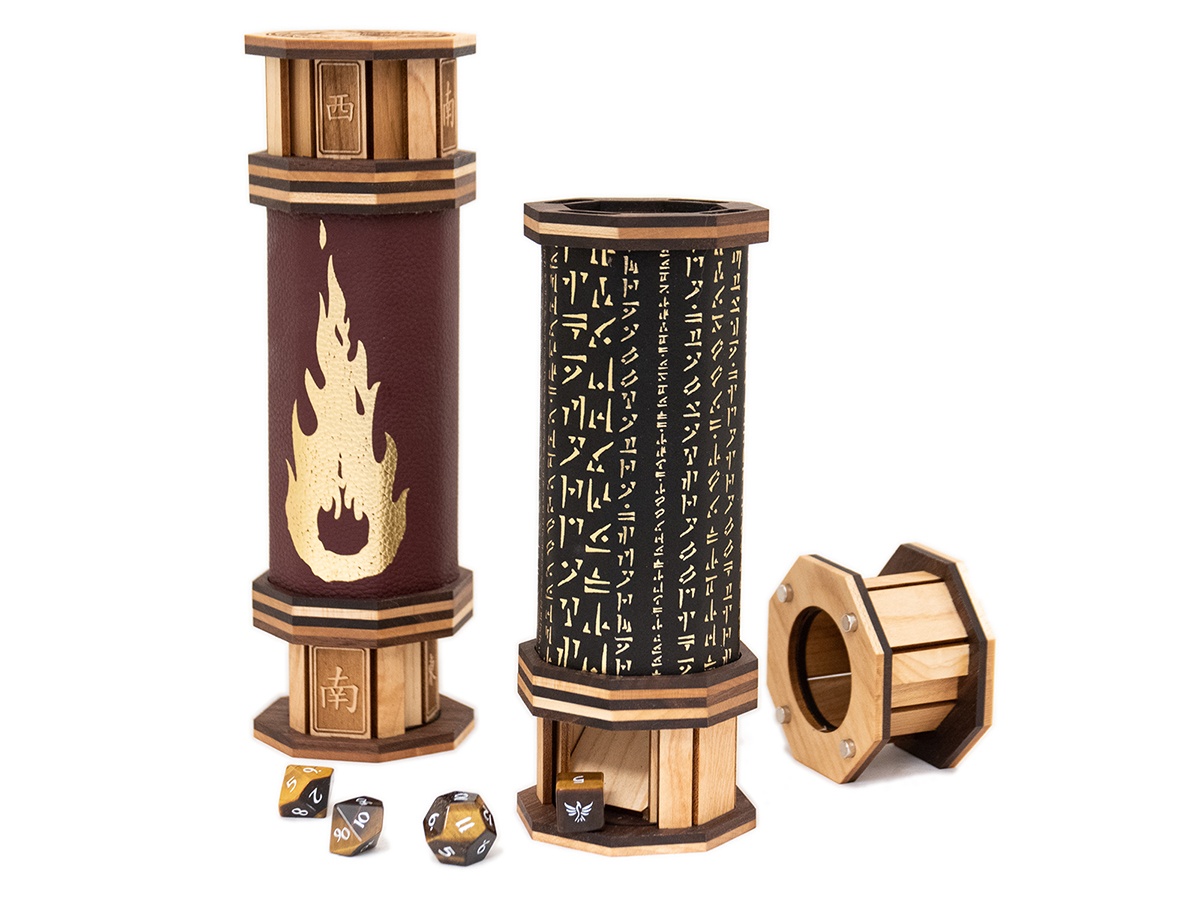 Codex dice tower made of wood and leather for D&D and tabletop roleplaying games