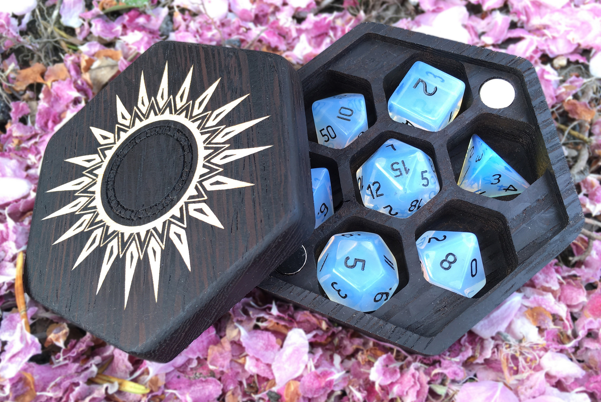 Hex Chest dice box in flower petals with opalite RPG dice