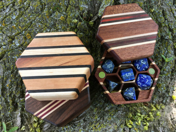 Hex Chest Dice boxes with Lapis polyhedral RPG dice