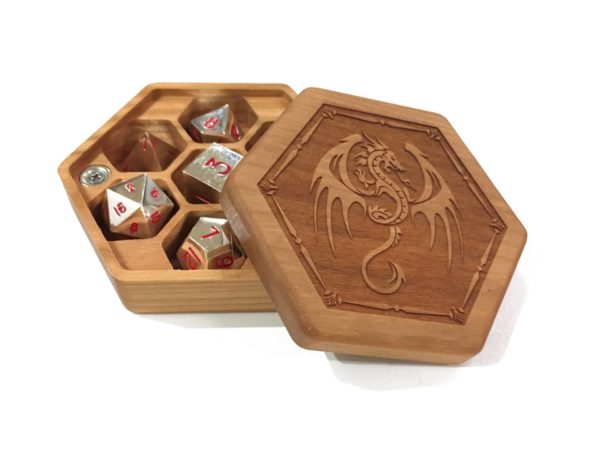 Our Hex Chest dice box in cherry hardwood with alloy metal dice