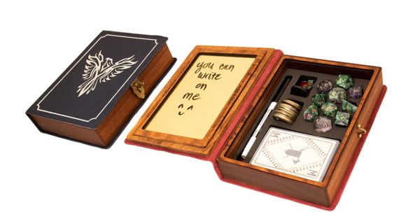 Spellbook gaming and dice box made of leather and wood with gemstone dice and coins