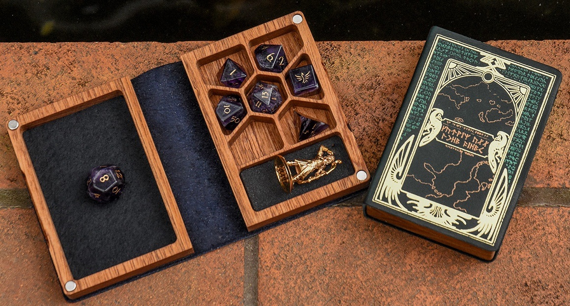 Mini Spellbook RPG gaming box made of wood and leather with gemstone dice and miniature