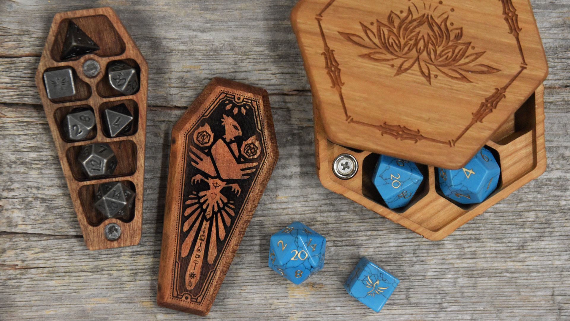 Open Mini Dice Sarcophagus with Ancient Silver Dice set next to partially open Cherry Hex Chest with Turquoise Gemstone Dice Set