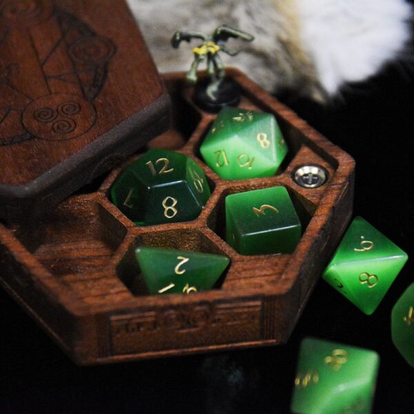 Cat's Eye Phoenix Dice set for dungeons and dragons in a wooden Hex Chest Dice box