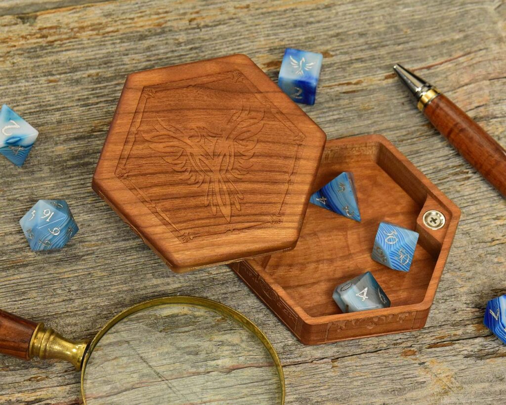Hex Chest Dice Box Eagle on Cherry with Elemental Side Engraving