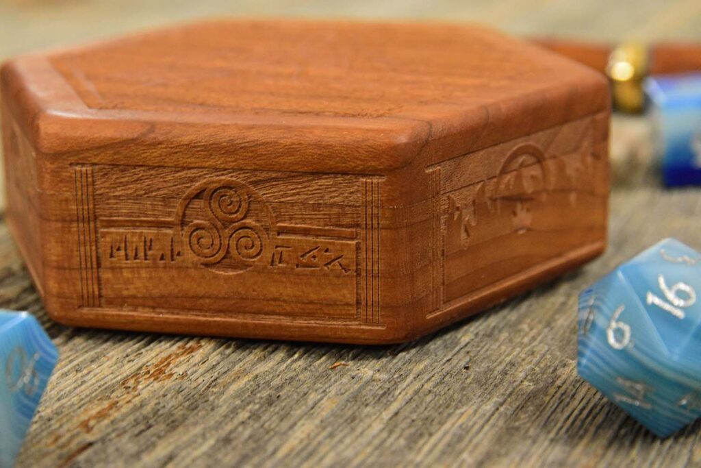 Hex Chest Dice Box Eagle on Cherry with Elemental Side Engraving