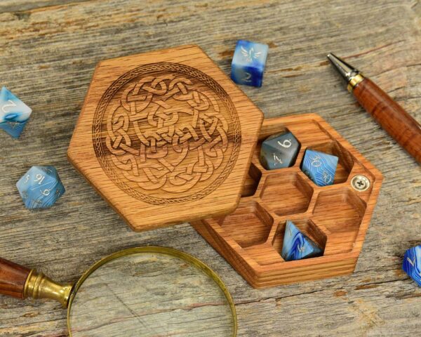 Hex Chest Dice Box - Celtic Knot on Red Oak