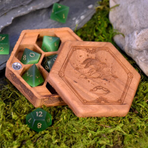 Special Edition Cherry Hex Chest Dice Box for DnD with gemstone dice