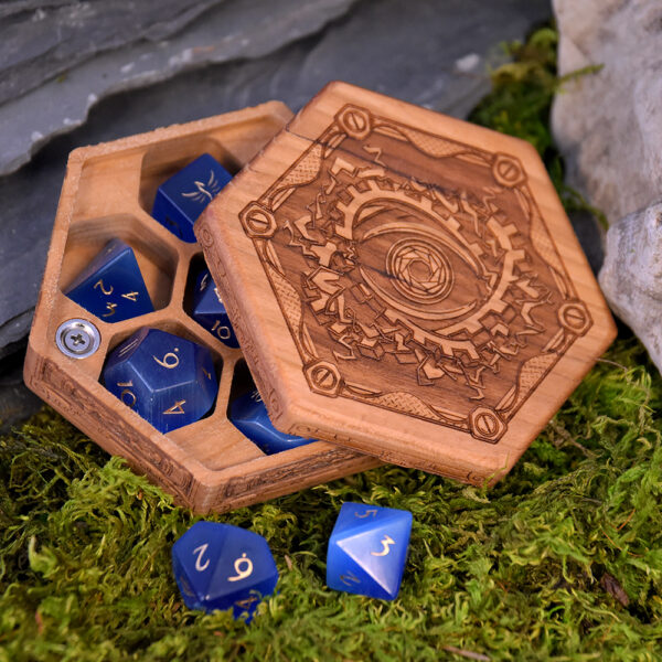 Special Edition cherry Hex Chest dice box with gemstone dice