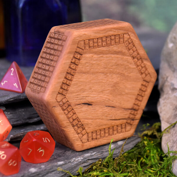 Special Edition cherry Hex Chest dice box for DnD and tabletop RPG with gemstone dice