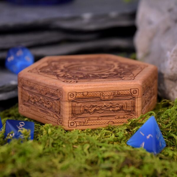 Special Edition cherry Hex Chest dice box with side laser engraving