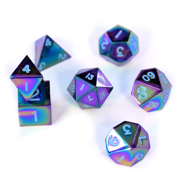 Queen's Treasure iridescent metal dice for tabletop RPG