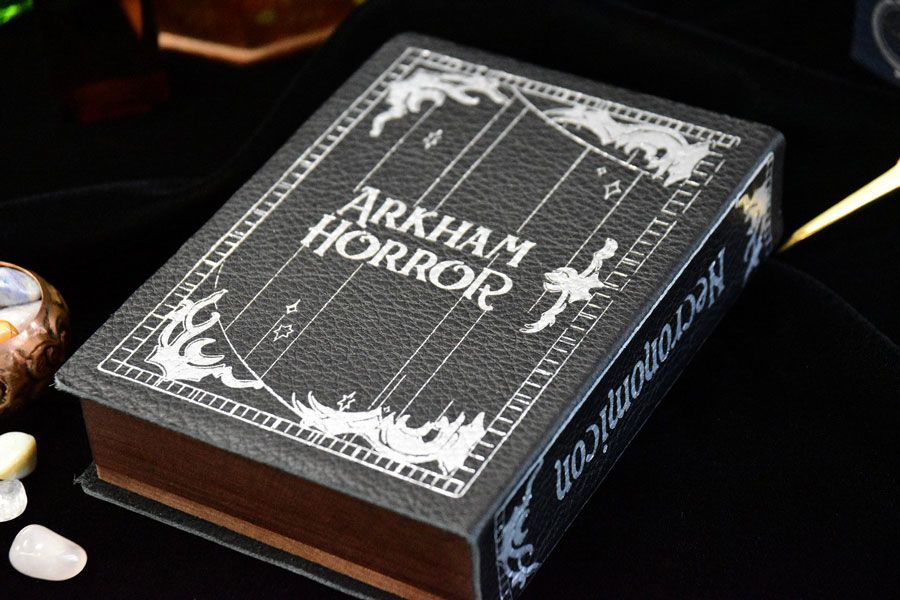 Arkham Horror Spellbook gaming box made of wood and leather for tabletop RPG