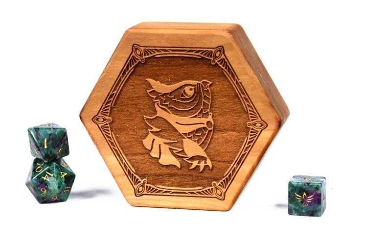Cherry Hex Chest dice box with an owlbear engraving and green and red ruby zoisite gemstone dice for Dungeons and Dragons