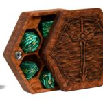 Lacewood Hex Chest dice box with a sword engraving and green malachite gemstone dice for Dungeons and Dragons