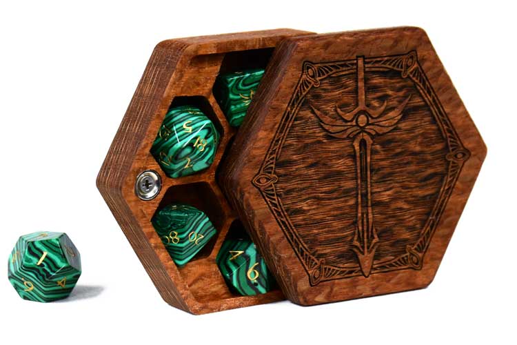 Lacewood Hex Chest dice box with a sword engraving and green malachite gemstone dice for Dungeons and Dragons