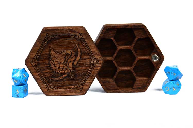 Mahogany Hex Chest dice box with a cat ranger engraving and blue turquoise gemstone dice for Dungeons and Dragons