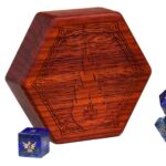Padauk Hex Chest dice box with a fireball engraving and blue lapis gemstone dice for Dungeons and Dragons
