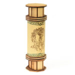 Ivory leather codex dice tower with engraved maple and walnut caps and a bronze foil pressed tree for rolling dice