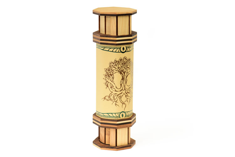 Ivory leather codex dice tower with engraved maple and walnut caps and a bronze foil pressed tree for rolling dice