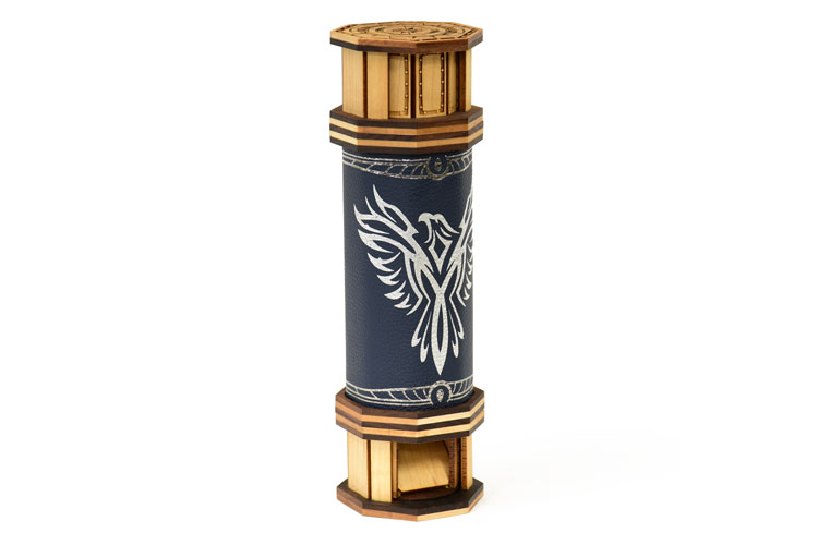 Blue leather codex dice tower with engraved maple and walnut caps and a silver foil pressed eagle for rolling dice