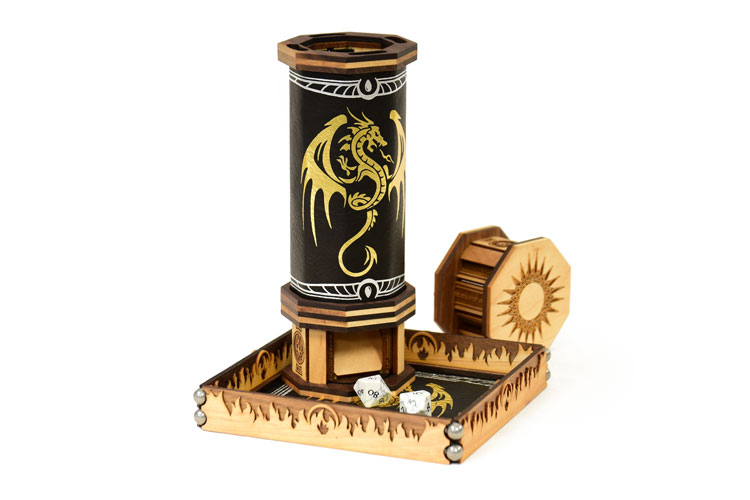 Black leather codex dice tower with engraved maple and walnut caps and a gold foil pressed dragon for rolling dice