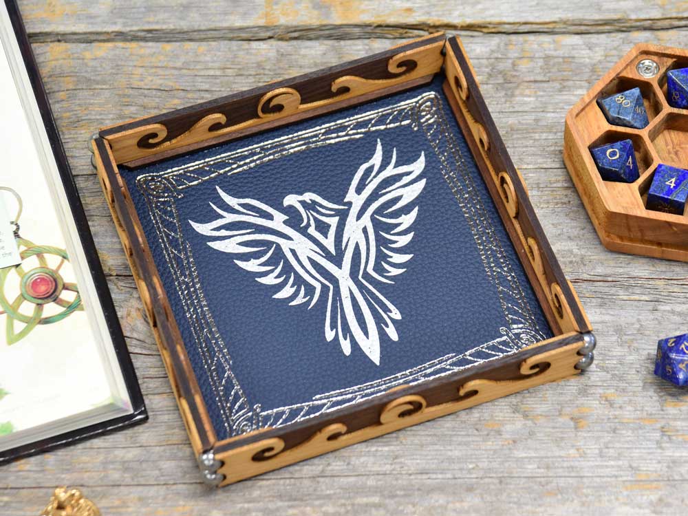 Blue leather and wood Scroll rolling tray with a silver eagle foil pressing