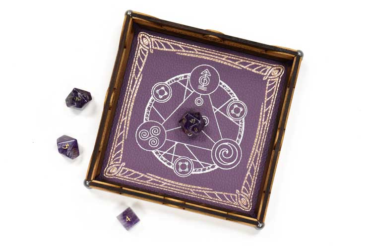 Purple leather and wood Scroll rolling tray with a silver Spellcircle foil pressing and purple amethyst dice for dungeons and dragons