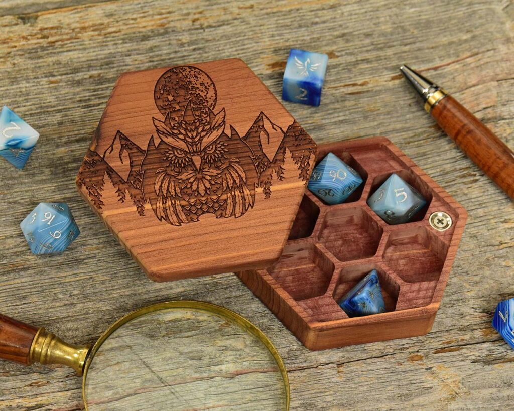 Hex Chest Dice Box Clan of Owlbear on Aromatic Cedar Elderwood Academy