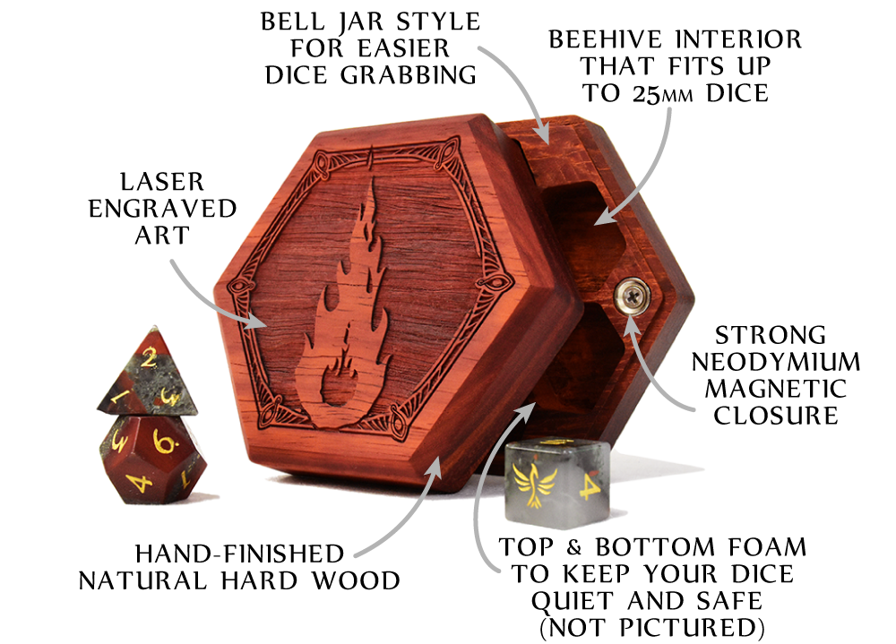 Red padauk Hex Chest Dice Box showing it's features, including bell jar design, 25mm dice fit, laser engraved art, magnetic closure, and foam inserts